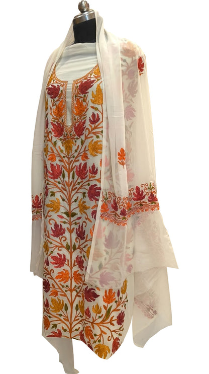 Elegant Off White Kashmiri Aari Work Georgette Three Piece Unstitched Suit Set - Luxurion World