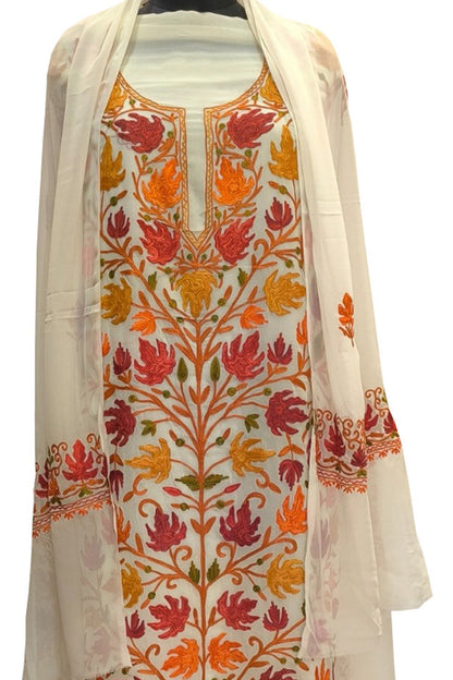 Elegant Off White Kashmiri Aari Work Georgette Three Piece Unstitched Suit Set - Luxurion World