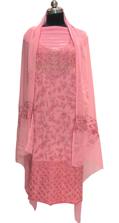 Elegant Pink Kashmiri Aari Work Georgette Three Piece Unstitched Suit Set - Luxurion World