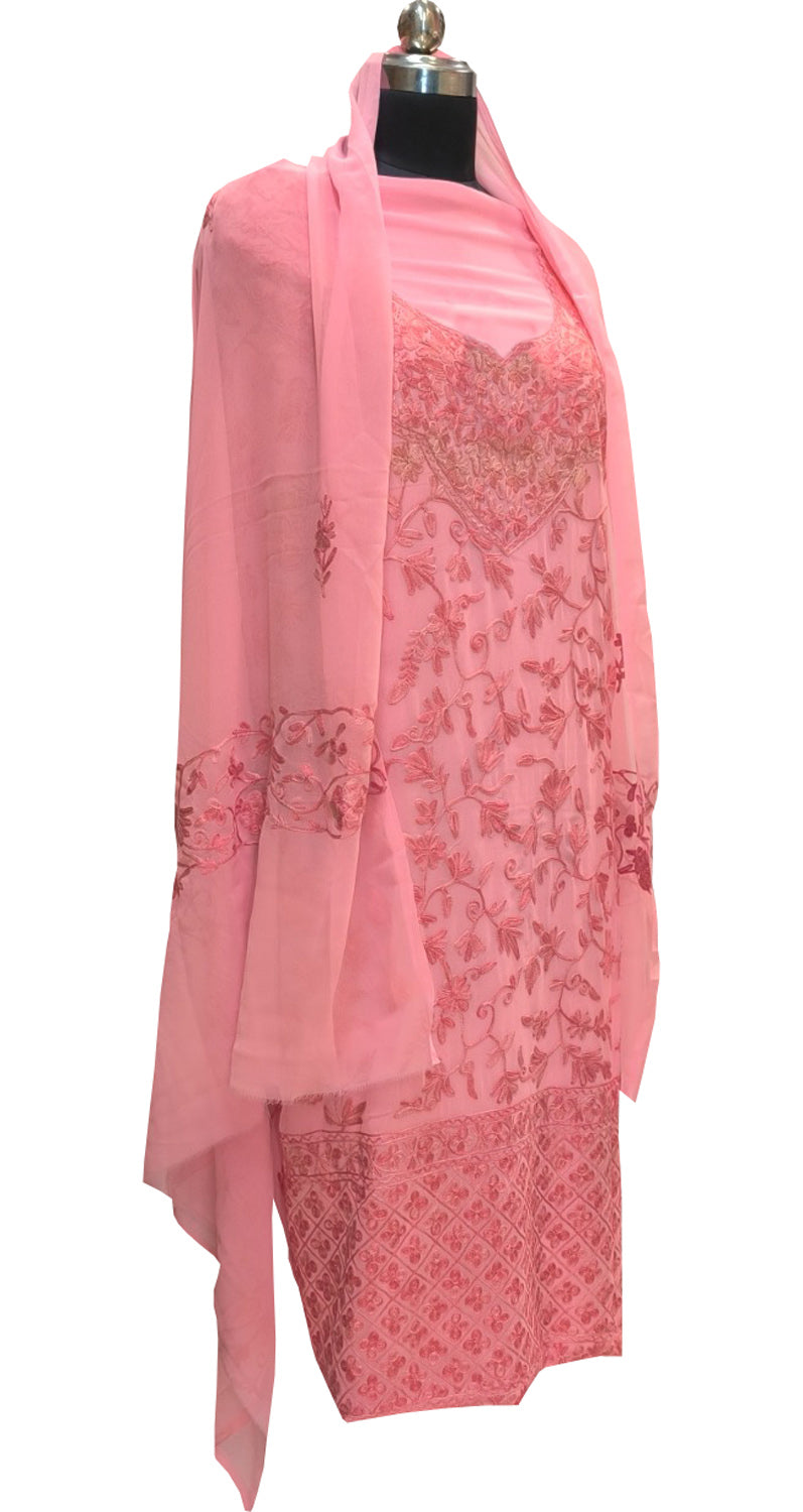 Elegant Pink Kashmiri Aari Work Georgette Three Piece Unstitched Suit Set - Luxurion World