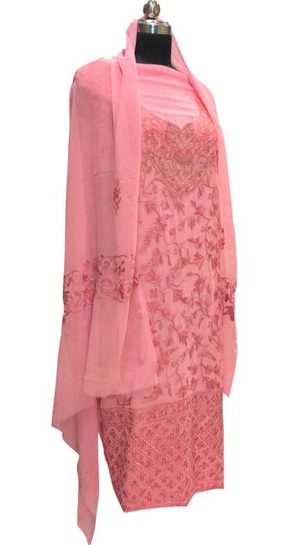 Elegant Pink Kashmiri Aari Work Georgette Three Piece Unstitched Suit Set - Luxurion World