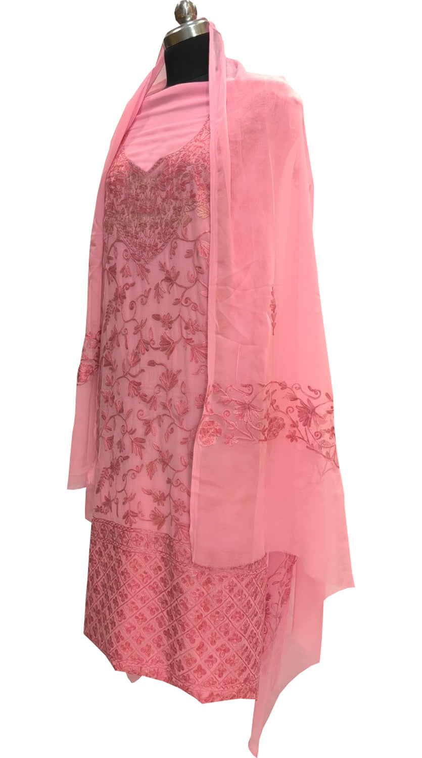 Elegant Pink Kashmiri Aari Work Georgette Three Piece Unstitched Suit Set - Luxurion World