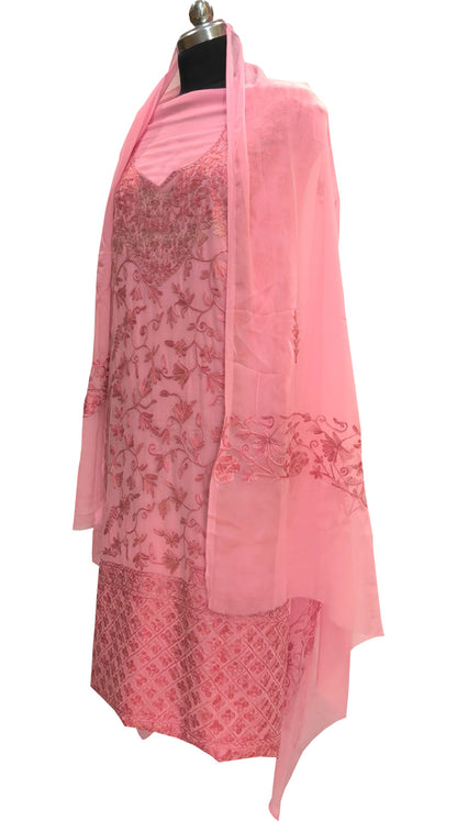 Elegant Pink Kashmiri Aari Work Georgette Three Piece Unstitched Suit Set - Luxurion World