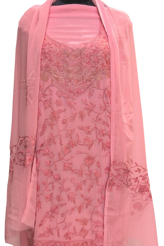 Elegant Pink Kashmiri Aari Work Georgette Three Piece Unstitched Suit Set - Luxurion World