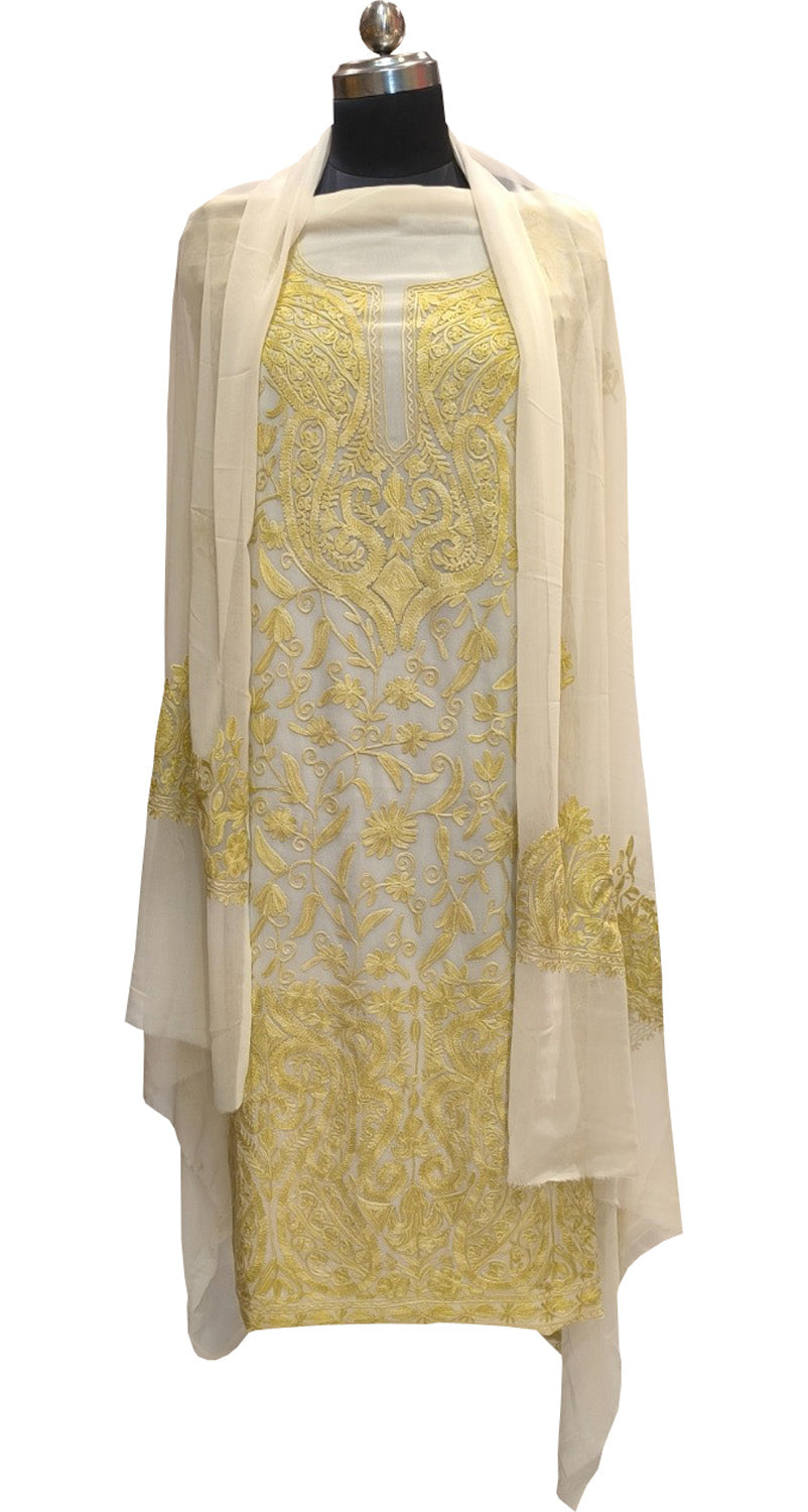 Pastel Kashmiri Aari Work Georgette Three Piece Unstitched Suit Set - Luxurion World