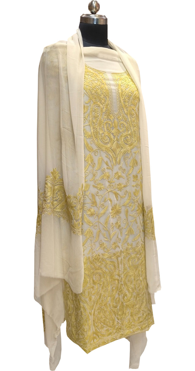 Pastel Kashmiri Aari Work Georgette Three Piece Unstitched Suit Set - Luxurion World