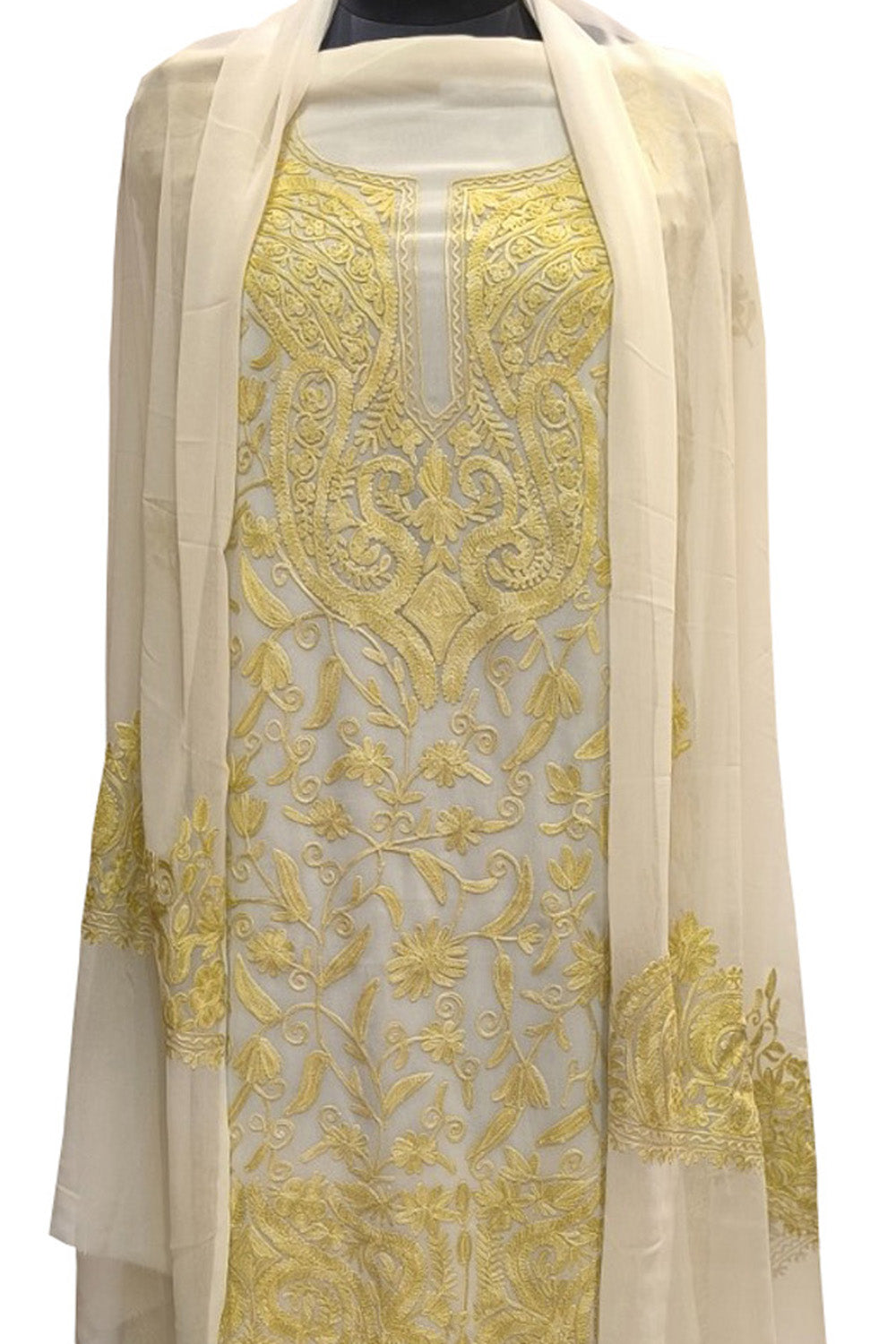 Pastel Kashmiri Aari Work Georgette Three Piece Unstitched Suit Set - Luxurion World