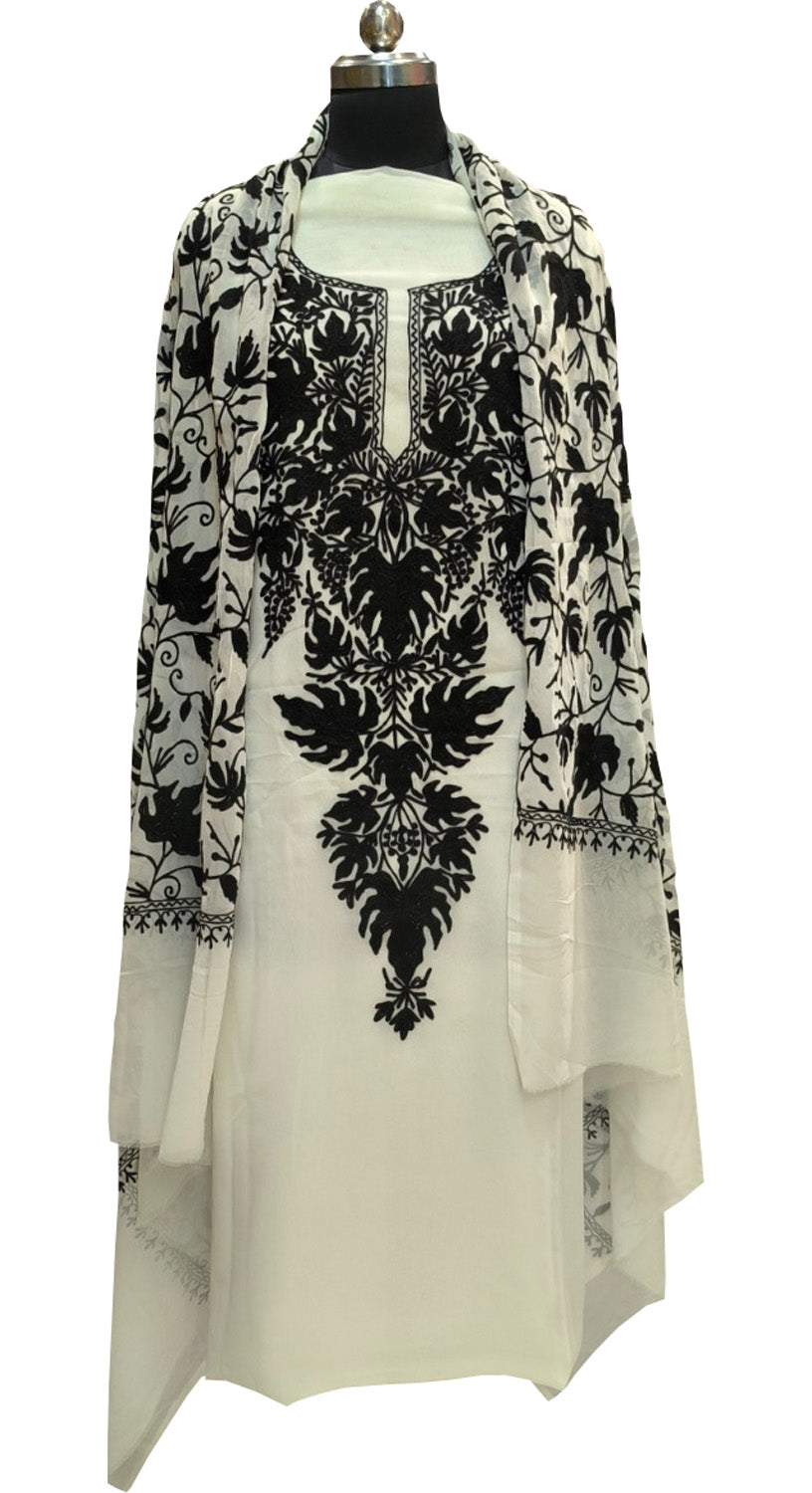 Elegant Off White Kashmiri Aari Work Georgette Three Piece Unstitched Suit Set - Luxurion World