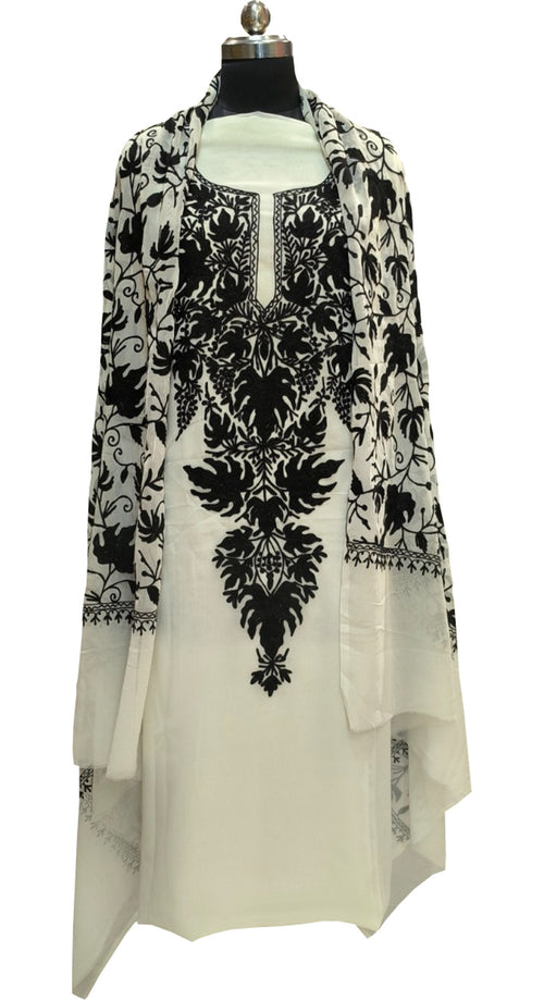 Elegant Off White Kashmiri Aari Work Georgette Three Piece Unstitched Suit Set - Luxurion World
