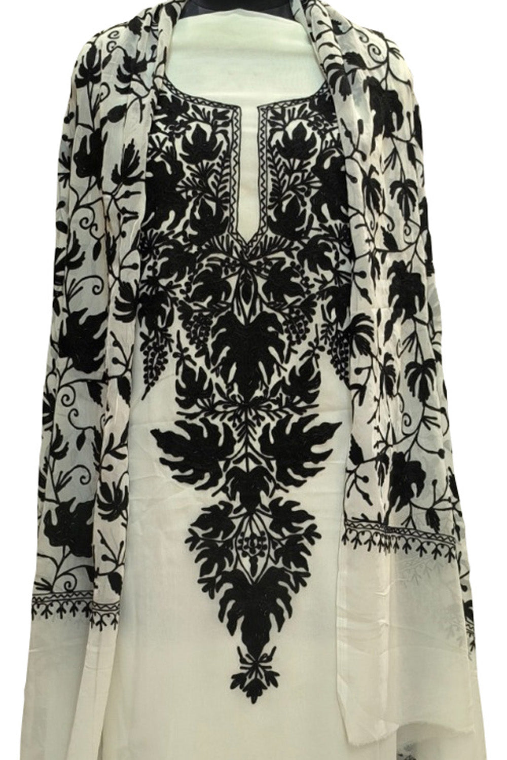 Elegant Off White Kashmiri Aari Work Georgette Three Piece Unstitched Suit Set - Luxurion World