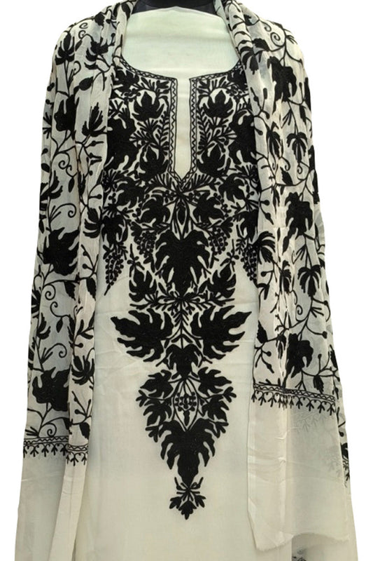 Elegant Off White Kashmiri Aari Work Georgette Three Piece Unstitched Suit Set - Luxurion World