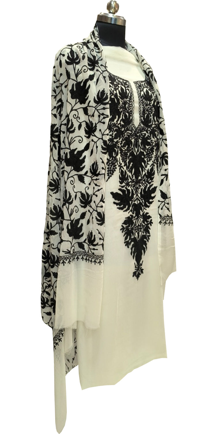 Elegant Off White Kashmiri Aari Work Georgette Three Piece Unstitched Suit Set - Luxurion World