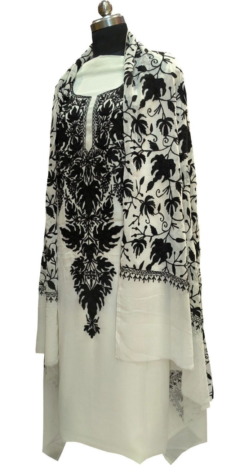 Elegant Off White Kashmiri Aari Work Georgette Three Piece Unstitched Suit Set - Luxurion World