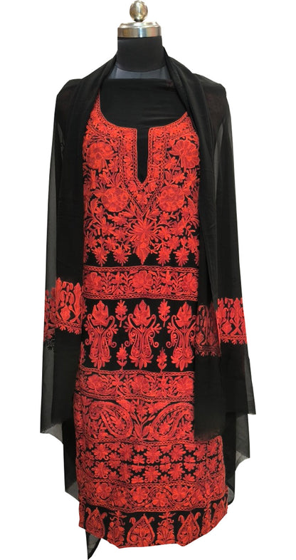 Elegant Black Kashmiri Aari Work Georgette Three Piece Unstitched Suit Set - Luxurion World