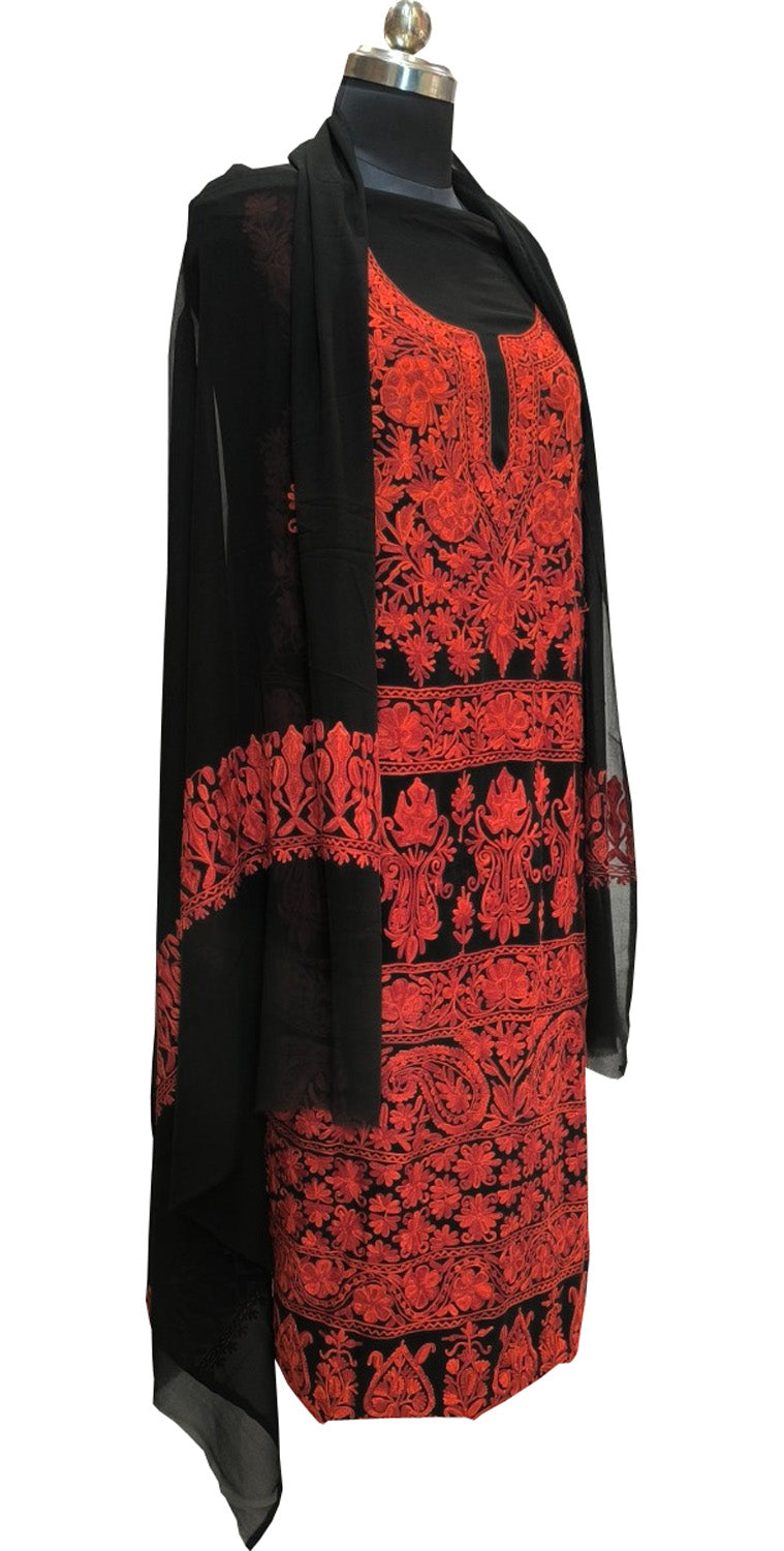 Elegant Black Kashmiri Aari Work Georgette Three Piece Unstitched Suit Set - Luxurion World