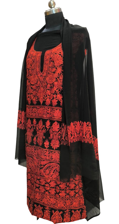 Elegant Black Kashmiri Aari Work Georgette Three Piece Unstitched Suit Set - Luxurion World