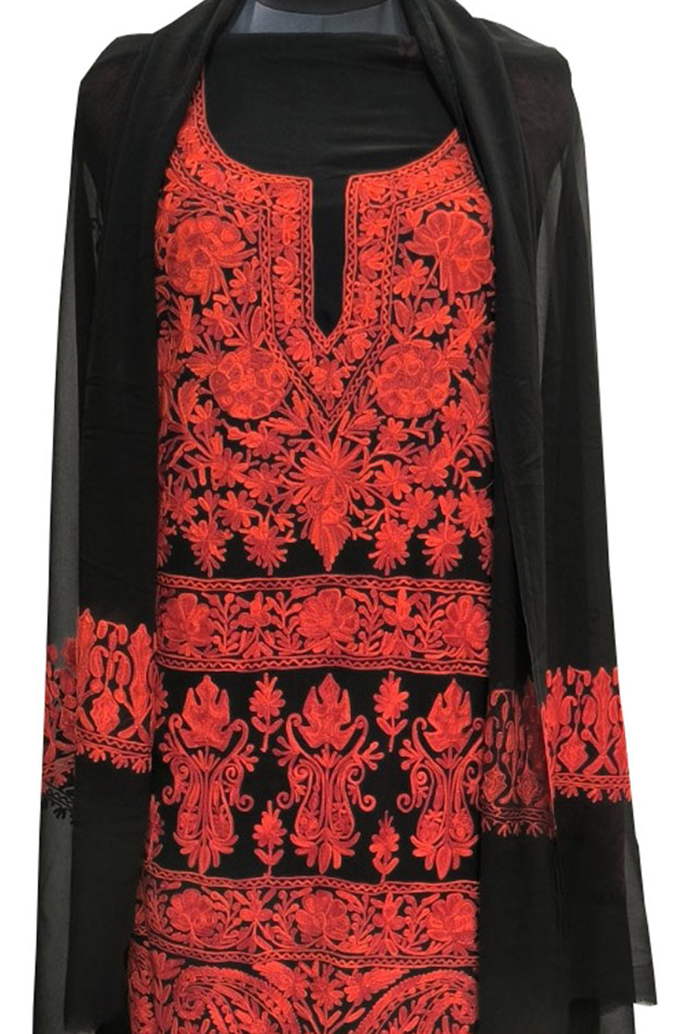 Elegant Black Kashmiri Aari Work Georgette Three Piece Unstitched Suit Set - Luxurion World