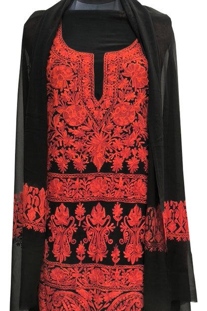 Elegant Black Kashmiri Aari Work Georgette Three Piece Unstitched Suit Set - Luxurion World