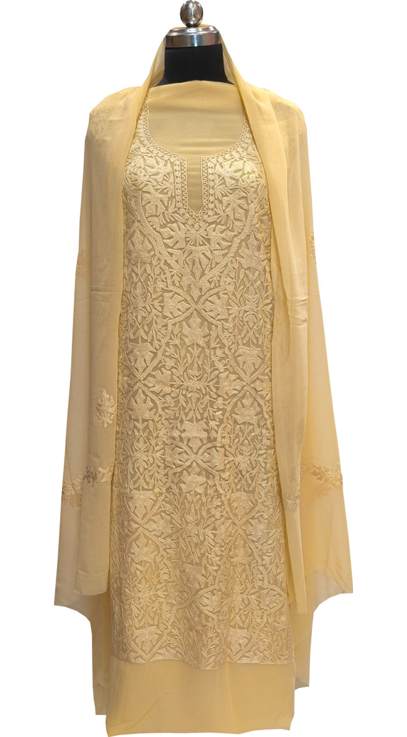 Pastel Kashmiri Aari Work Georgette Three Piece Unstitched Suit Set - Luxurion World