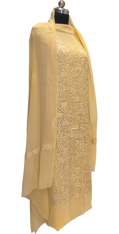 Pastel Kashmiri Aari Work Georgette Three Piece Unstitched Suit Set - Luxurion World