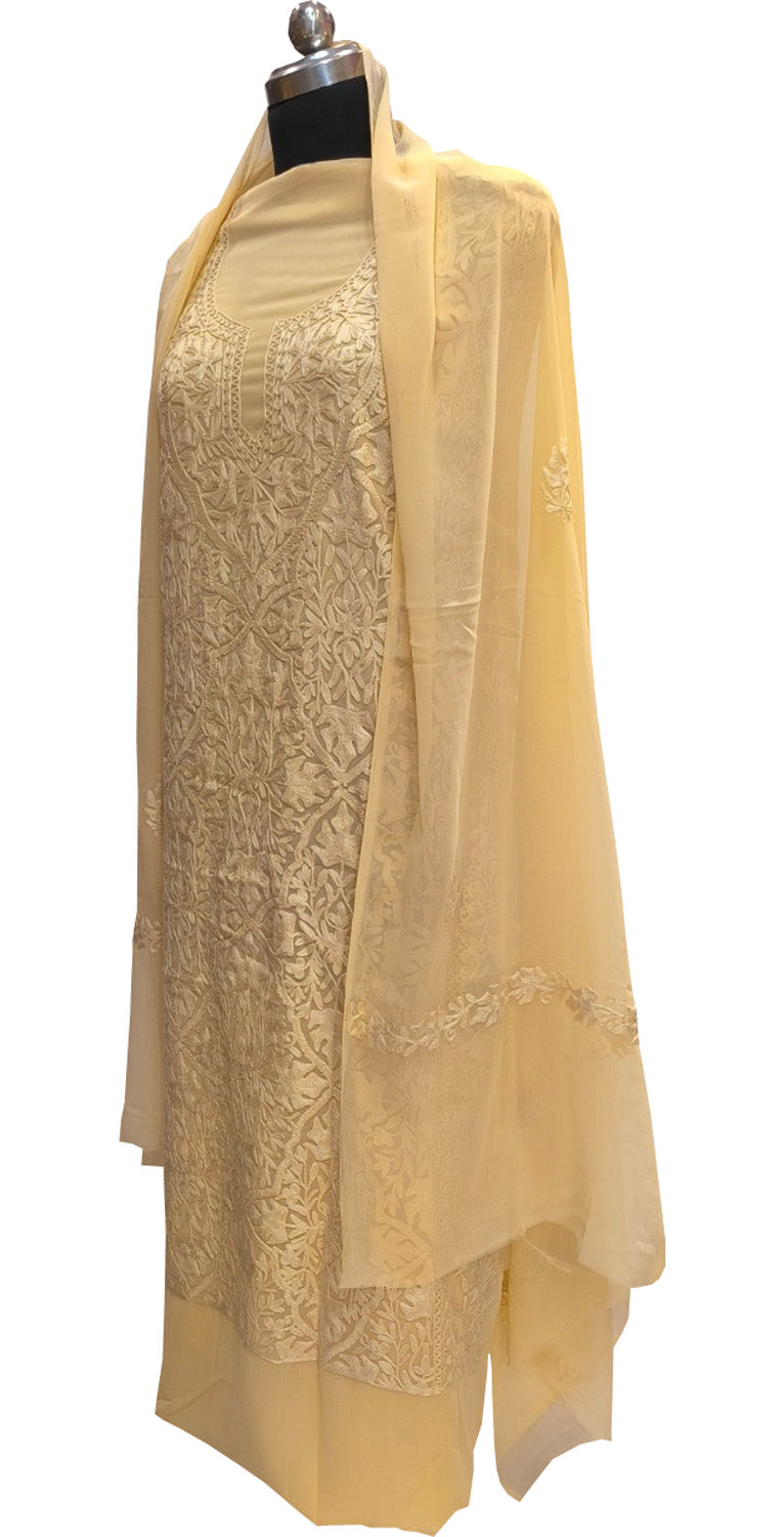 Pastel Kashmiri Aari Work Georgette Three Piece Unstitched Suit Set - Luxurion World