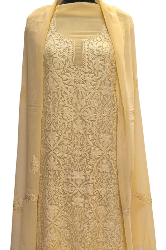 Pastel Kashmiri Aari Work Georgette Three Piece Unstitched Suit Set - Luxurion World