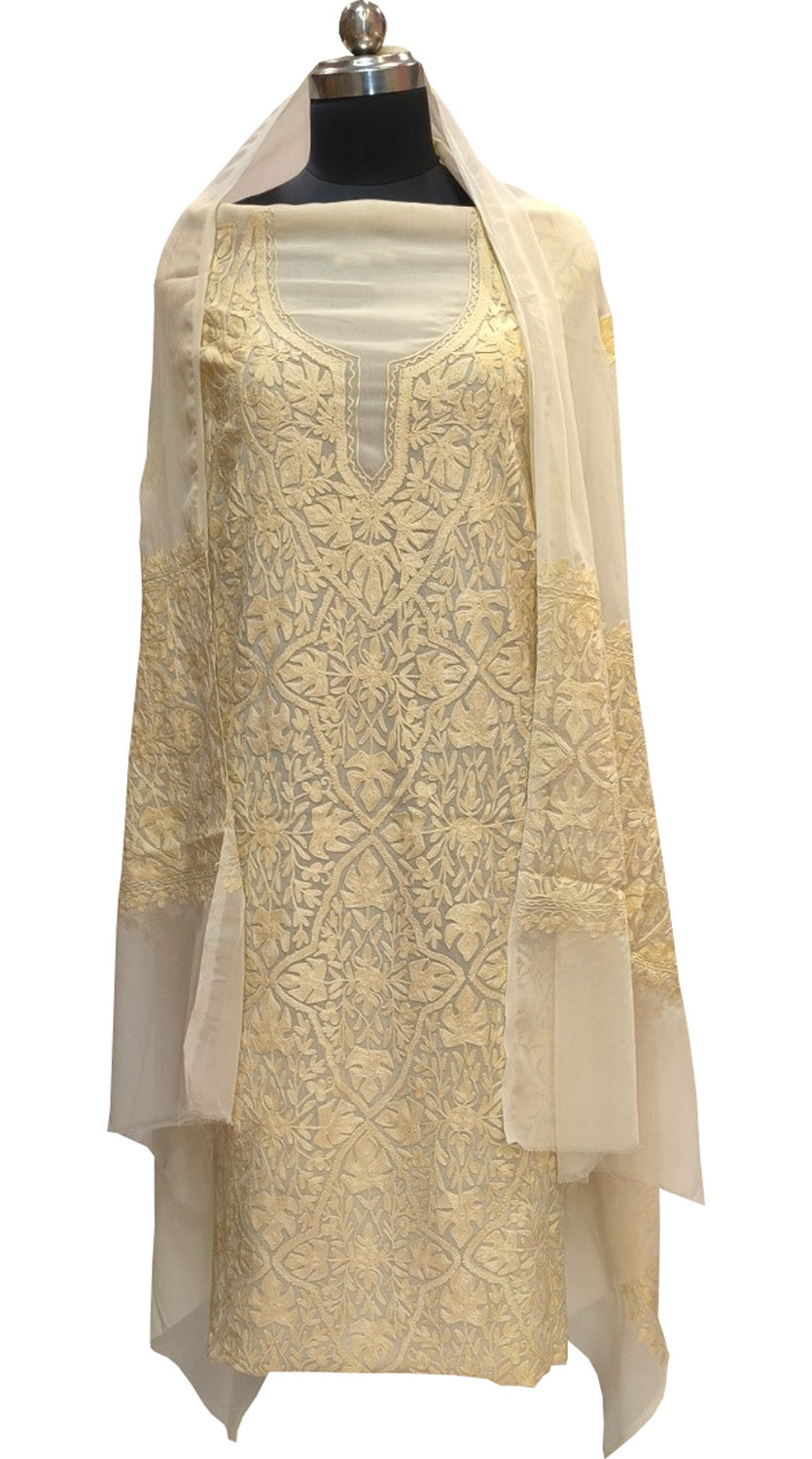 Pastel Kashmiri Aari Work Georgette Three Piece Unstitched Suit Set - Luxurion World