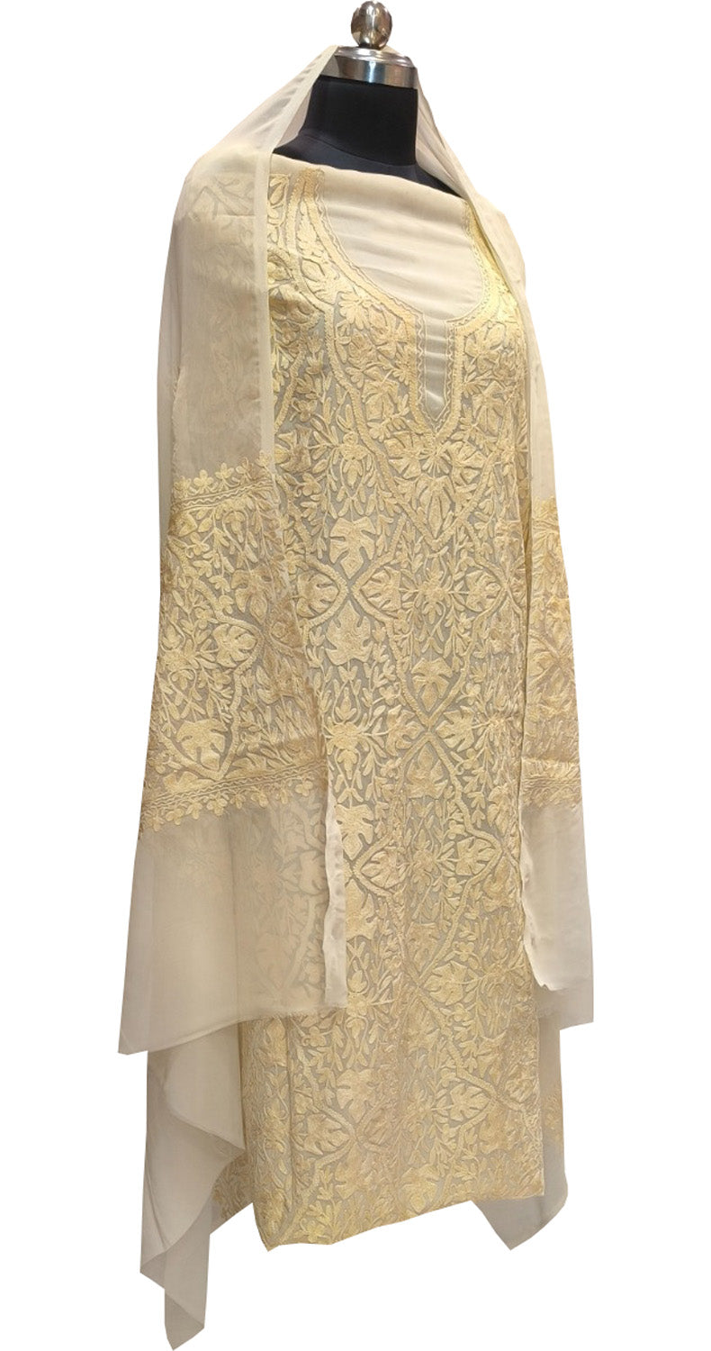 Pastel Kashmiri Aari Work Georgette Three Piece Unstitched Suit Set - Luxurion World