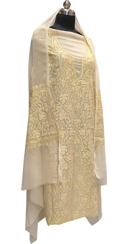 Pastel Kashmiri Aari Work Georgette Three Piece Unstitched Suit Set - Luxurion World