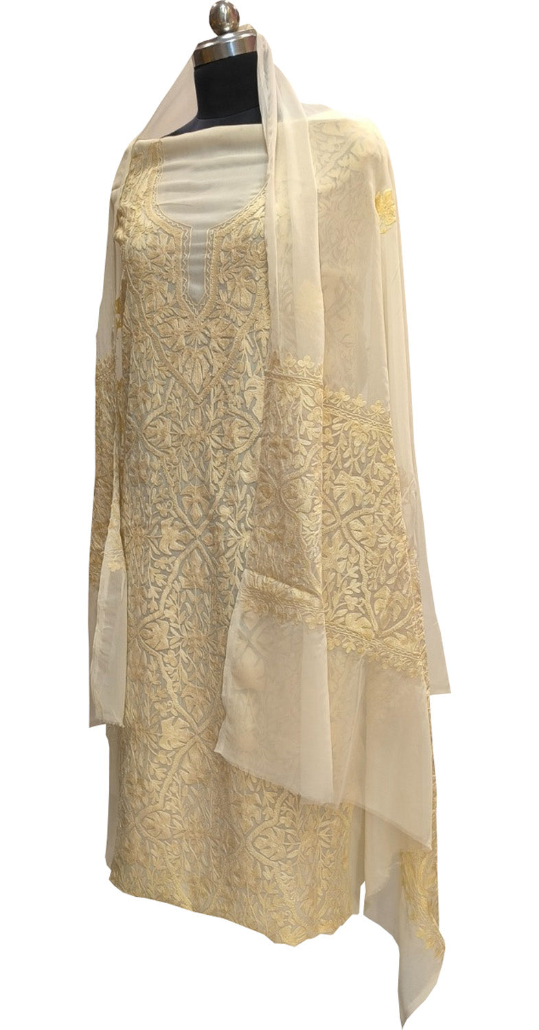 Pastel Kashmiri Aari Work Georgette Three Piece Unstitched Suit Set - Luxurion World