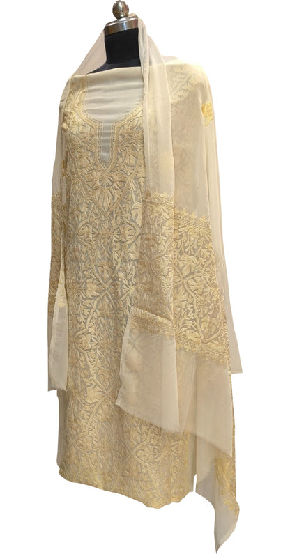 Pastel Kashmiri Aari Work Georgette Three Piece Unstitched Suit Set - Luxurion World