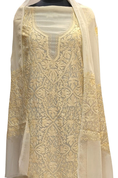 Pastel Kashmiri Aari Work Georgette Three Piece Unstitched Suit Set - Luxurion World