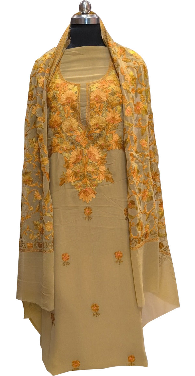 Pastel Kashmiri Aari Work Georgette Three Piece Unstitched Suit Set - Luxurion World