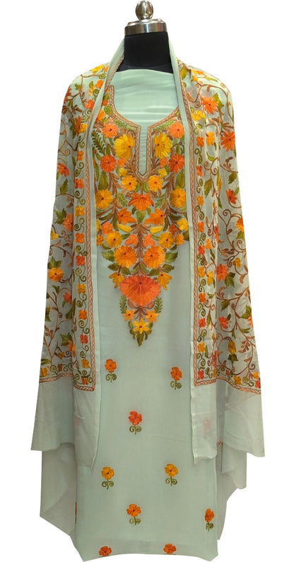 Stunning Green Kashmiri Aari Work Georgette Three Piece Unstitched Suit Set - Luxurion World