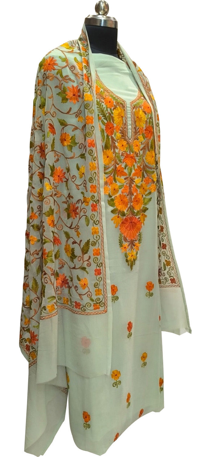 Stunning Green Kashmiri Aari Work Georgette Three Piece Unstitched Suit Set - Luxurion World