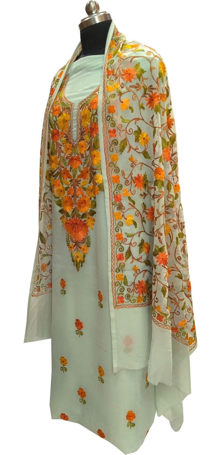 Stunning Green Kashmiri Aari Work Georgette Three Piece Unstitched Suit Set - Luxurion World