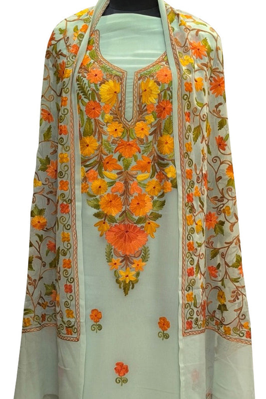 Stunning Green Kashmiri Aari Work Georgette Three Piece Unstitched Suit Set - Luxurion World