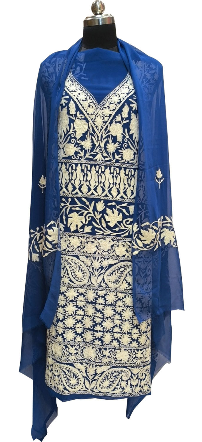 Blue Kashmiri Aari Work Georgette Three Piece Unstitched Suit Set - Luxurion World