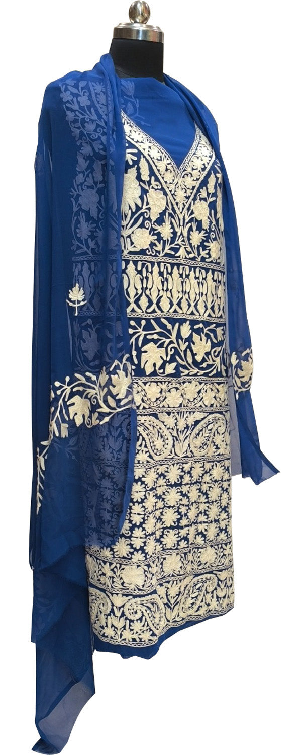 Blue Kashmiri Aari Work Georgette Three Piece Unstitched Suit Set - Luxurion World