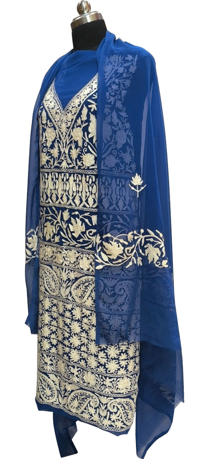 Blue Kashmiri Aari Work Georgette Three Piece Unstitched Suit Set - Luxurion World