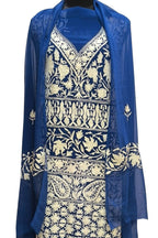 Blue Kashmiri Aari Work Georgette Three Piece Unstitched Suit Set - Luxurion World