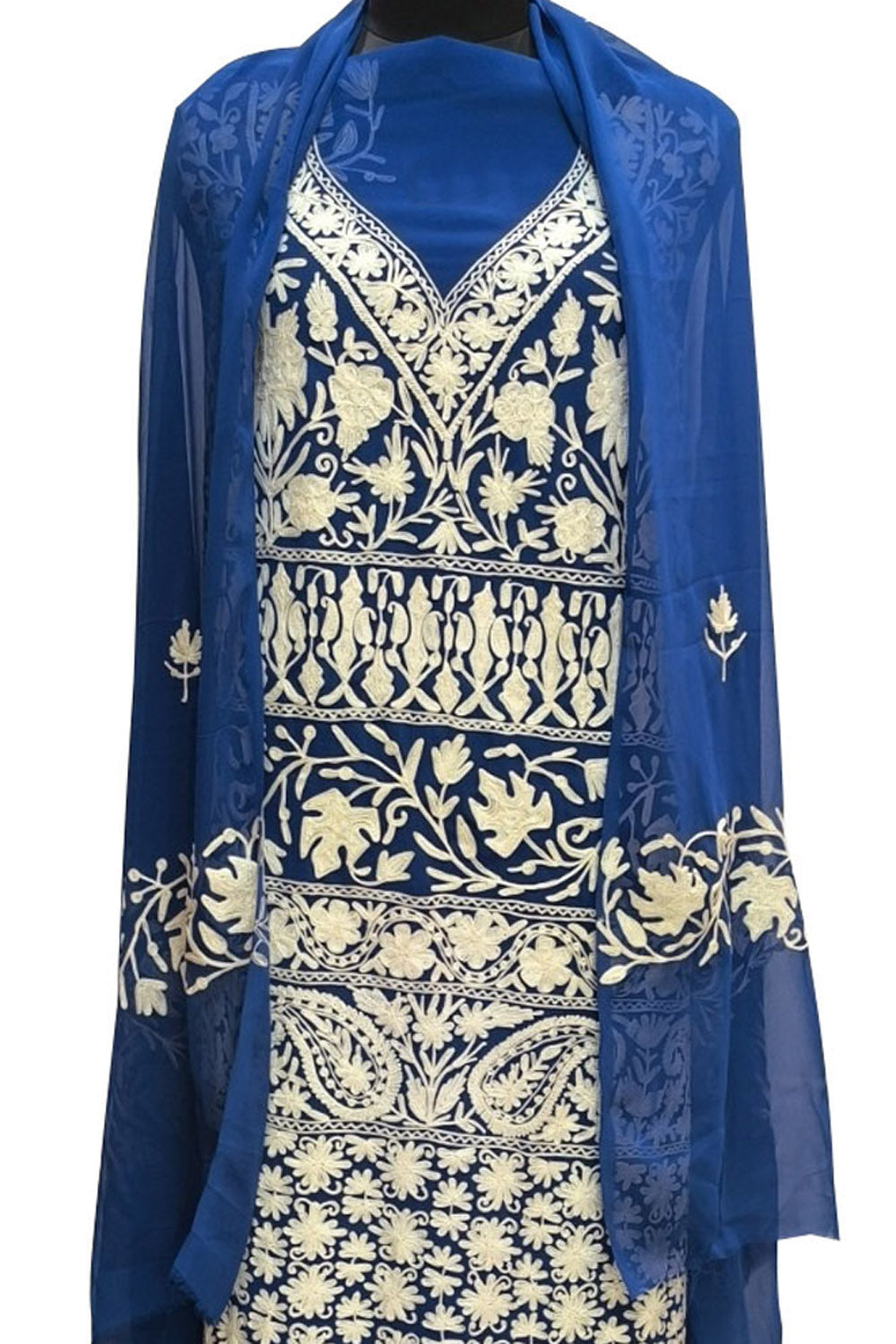 Blue Kashmiri Aari Work Georgette Three Piece Unstitched Suit Set - Luxurion World