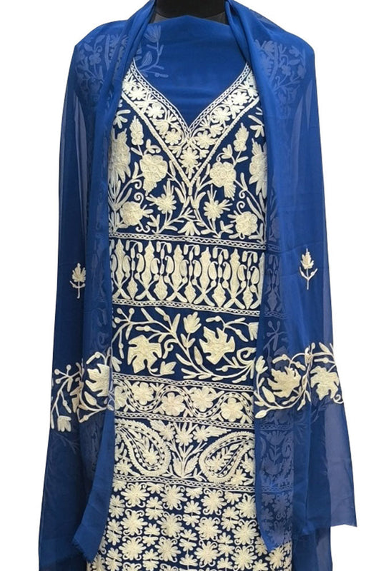 Blue Kashmiri Aari Work Georgette Three Piece Unstitched Suit Set - Luxurion World
