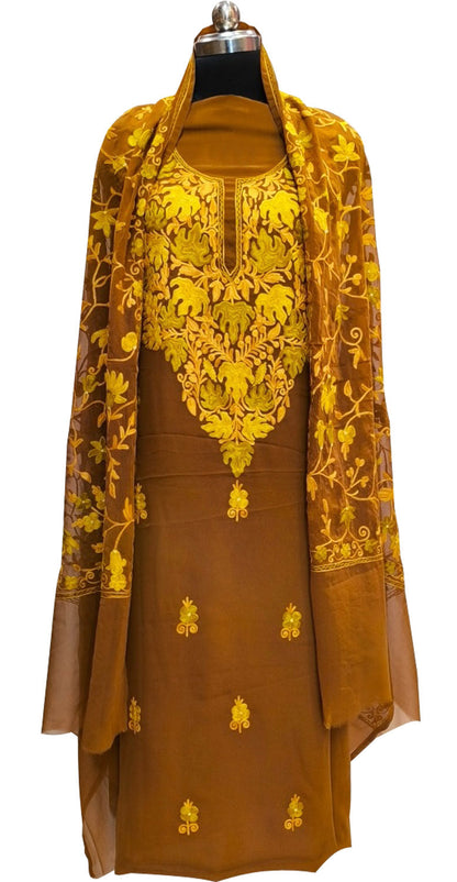 Brown Kashmiri Aari Work Georgette Three Piece Unstitched Suit Set - Luxurion World