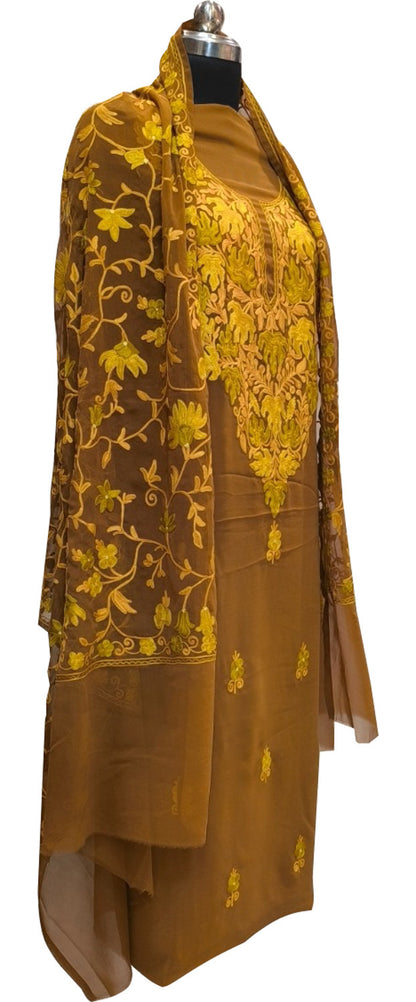 Brown Kashmiri Aari Work Georgette Three Piece Unstitched Suit Set - Luxurion World