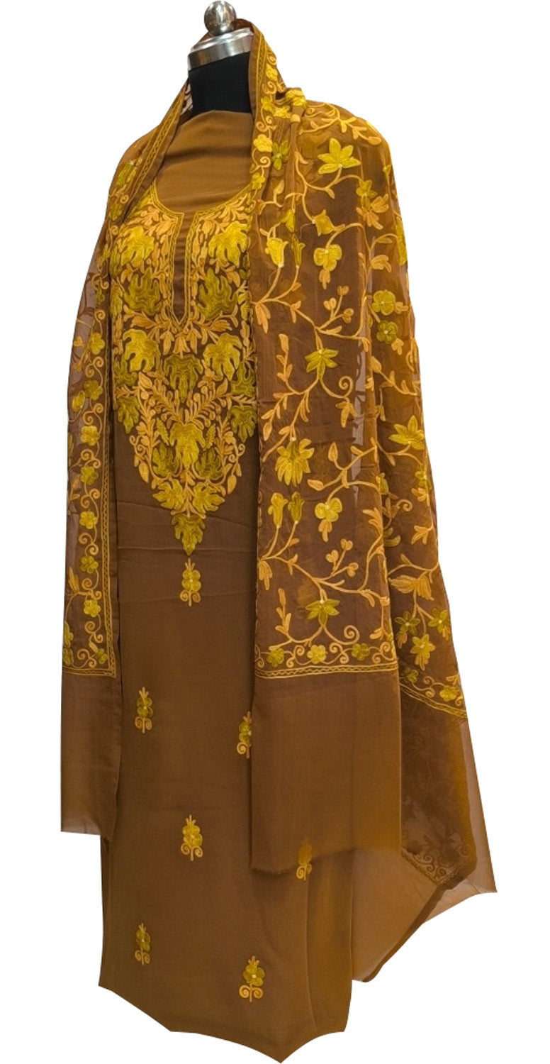 Brown Kashmiri Aari Work Georgette Three Piece Unstitched Suit Set - Luxurion World