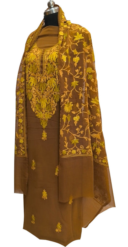Brown Kashmiri Aari Work Georgette Three Piece Unstitched Suit Set - Luxurion World