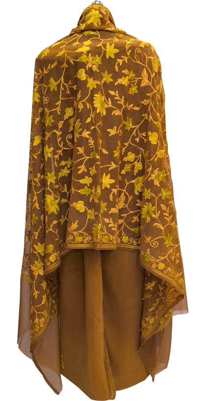 Brown Kashmiri Aari Work Georgette Three Piece Unstitched Suit Set - Luxurion World