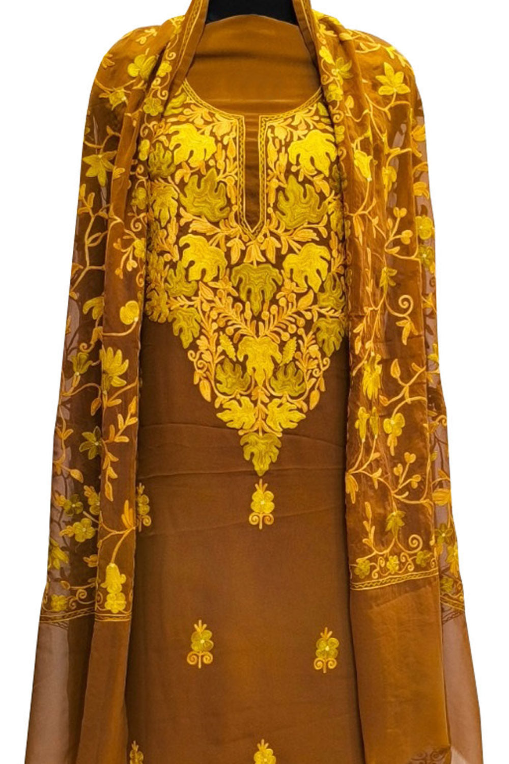 Brown Kashmiri Aari Work Georgette Three Piece Unstitched Suit Set - Luxurion World