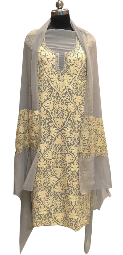Elegant Grey Kashmiri Aari Work Georgette Three Piece Unstitched Suit Set - Luxurion World